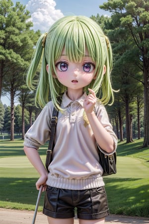 1girl, Collei_Impact, scenery, extreme adorable girl, cutie, tiny girl, purple eyes, green hair, hyper realistic, highres, photography, photorealistic scene, real life, insane detailed, in Spain, a very realistic summer day, (Collei, we are in Madrid now. Let's play golf together at the golf club. Try to hit the golf ball correctly.), extreme realistic facial expression on an very realistic moment, highly detailed, cutest Collei Style,