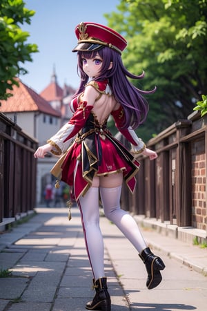 (full body view of Chevreuse_Impact), 1girl, solo_female, dynamic pose, 23 years old girl, outdoor, blurry_background, hat, show me your back, purple_hair,