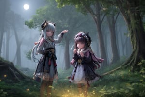 In this breathtaking 32k UHD HDR scene, Yunjindef and Niloudef, two fearless 12-year-old girls, stand strong in a powerful pose amidst the dark, mystical forest of Teyvat. Framed by ancient trees with gnarled branches and eerie vines, they pause at the edge of discovery and peril, their resolute faces aglow with soft luminescence emanating from their hands like tiny beacons. The solemn moon hangs low in the sky, its long shadow creeping across the landscape as they deliberate whether to uncover hidden treasures amidst the lurking darkness.