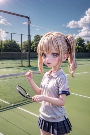 1girl, Barbara_Impact, scenery, extreme adorable girl, cutie, tiny girl, hyper realistic, highres, photography, photorealistic scene, real life, realism pushed to extreme, in France, a very realistic summer morning, (Barbara, we are in Paris now. Let's play a bit tennis on the tennis court. Try to hold the tennis racket correctly!), extreme realistic facial expression on an very realistic moment, highly detailed, cutest Barbara Style, 