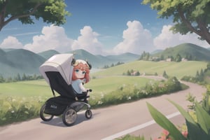 whimsical scene: Little (full body view of Niloudef) rides through the lush landscape of Teyvat in a state-of-the-art Formula 1-style high-speed stroller powered by a Formula 1 engine, putting on a mischievous expression. The warm sunlight casts a golden glow on her cheeky pose and grin as she drives past the viewer. A cloud of dust trails behind her, emphasizing the speed of the fast baby carriage. Framed by bright shades of green and blue, Niloudef's carefree joy radiates from the frame.