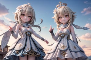 A majestic shot of Lumine and Paimon standing together on a cloud-soft precipice within the breathtaking Celestia, set against a vibrant blue sky of Genshin Impact. The duo's whimsical poses and smiling faces radiate warmth as they gaze out at the endless expanse of clouds, with the sun casting a gentle glow upon their joyful moment.