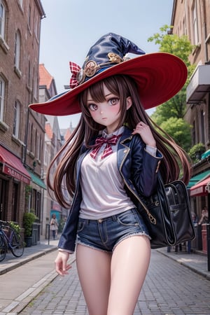 1girl, solo, Mona_Impact, 25 years old girl, witch hat, on vacation in Netherlands, let's go buy some cannabis in the city,