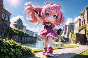 A majestic Amy Rose stands proudly outdoors against a stunningly detailed background, reminiscent of Moebius' whimsical landscapes. Her iconic Sonic-inspired costume shines in Ultra HD, with intricate textures and patterns that seem almost hyper-realistic. The HDR lighting captures the soft glow of sunlight, accentuating her bright blue eyes and vibrant pink hair. As she attacks with her trusty hammer, her movements are fluid and dynamic, set against a richly detailed background featuring fantastical architecture and lush foliage.