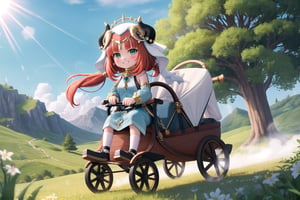 whimsical scene: Little (full body view of Niloudef) rides a high fashion stroller through the lush landscape of Teyvat with a mischievous expression on her face. The warm sunlight casts a golden glow on her playful pose and grin as she rides past the viewer. A cloud of dust trails behind her, emphasizing the speed of the baby carriage. Framed by bright shades of green and blue, Niloudef's carefree joy radiates from the frame.