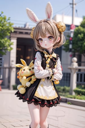 Yaoyao_Impact, full_body, blurry_background, loli, hug stuffed rabbit with 2 hands, outdoor, yellow rabbit, 1girl, solo_female, yaoyao style, brown hair, brown eyes, short hair,