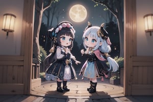 In this hauntingly beautiful scene, little Yunjindef and Niloudef, two 12-year-old girls, stand united in the dark epic forest, where the whispers of werewolves echo through the trees. The faint luminescence emanating from their hands casts an otherworldly glow on their determined faces. The somber moon hangs low, its long shadow stretching across the landscape as the girls hesitate at the threshold of adventure and danger. Treasure lies hidden amidst the lurking shadows, waiting to be uncovered by these brave young explorers.