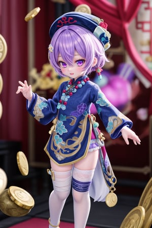 (full body of Qiqi_impact), 1girl, solo_female, purple eyes, full_body, purple headwear, hat, purple hair, hair between eyes, better hands, flat_background, chinese clothes, bandaged leg, bead necklace, coin hair ornament, dress, white thighhighs, blurry_background, outdoors, cheeky and sweet,