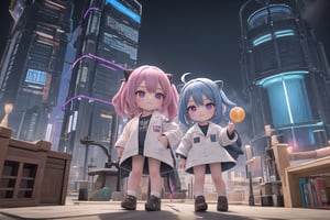 In a vibrant pink and blue hue-drenched frame, Little Hotafodef and Little Clorinde, dressed in matching lab coats, strike a pose reminiscent of Pinky and the Brain. Hotafodef's goofy grin radiates across her face, while Clorinde's eyes gleam with genius-level intensity. The cityscape background recedes into distance, with a giant globe and scientific instruments scattered about. Little Hotafodef and Little Clorinde grasp a miniature world map, their paws poised as if plotting their next diabolical scheme amidst the colorful chaos. (masterpiece), best quality, HDR, 32k UHD, Ultra realistic, highres, highly detailed, ultra_hd, high resolution, ultra_detailed, hyper realistic, extemely detailed background, detailed_background, complex_background, depth_of_field, extremely detailed and complex,