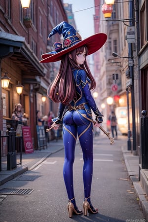 Mona_Impact, full_body, 25 years old girl, blurry_background, show me your back, witch hat,