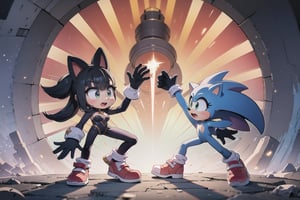 Against the warm glow of Looney's sun-kissed orange sky, Monadef and Sonic the Hedgehog stand united, silhouetted against the vibrant backdrop. Sonic's bright blue spikes and fiery red shoes pop against weathered gray stone, radiating kinetic energy. Rendered in breathtaking 32K UHD, their forms seem ready to leap into action, as if stepping out of the composition.