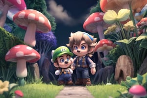 Wriothesley's Mario and Neuvillette's Luigi stand heroically back-to-back, (masterpiece), best quality, HDR, 32k UHD, Ultra realistic, highres, highly detailed, ultra_hd, high resolution, ultra_detailed, hyper realistic, extemely detailed background, detailed_background, complex_background, depth_of_field, extremely detailed and complex, outdoor, creating an atmosphere in (Mushroom Kingdom), creating an atmosphere at (Mushroom Kingdom), show me yourself with your friends (Daisy), (Yoshi), (Toad), (Princess Peach),