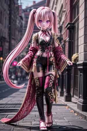 full_body of KukiS, 1girl, solo_female, 23 years old girl, blurry_background, Kuki Style, very long hair, pink eyes, low-tied long hair, pink hair, red hair, multicolor_hair, twintails, medium breasts,