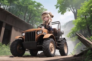 In a whimsical tableau, Klee, her mischievous smile gleaming, grasps the controls of a high-tech ultralight tractor amidst lush Teyvat foliage, its path marked by a trail of destruction. The camera's low vantage point emphasizes the vehicle's robust build and Klee's diminutive stature. Soft, golden light illuminates the juxtaposition between the industrial behemoth and Klee's tousled appearance, her scrappy spirit on full display.