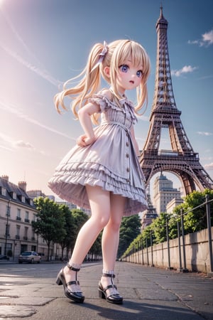 1girl, Barbara_Impact, scenery, extreme adorable girl, cutie, tiny girl, hyper realistic, highres, photography, photorealistic scene, real life, realism pushed to extreme, in France, a very realistic summer morning, (Barbara, we are in Paris now. Let's visit the Eiffel Tower.), extreme realistic facial expression on an very realistic moment, highly detailed, cutest Barbara Style, 