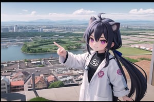 Vibrant pink and blue hues dominate the frame as Little Hotafodef and Little Clorinde, dressed in matching lab coats, pose like Pinky and the Brain. Pinky's (Hotafodef) goofy grin stretches across her face, while Brain's (Clorinde) eyes gleam with genius-level intensity. A cityscape background fades into the distance, with a giant globe and scientific instruments scattered about. The dynamic duo's paws grasp a miniature world map, as if plotting their next diabolical scheme.