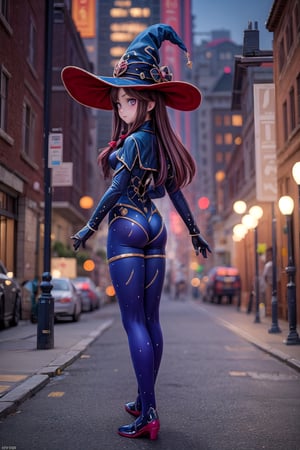 Mona_Impact, full_body, 25 years old girl, blurry_background, show me your back, witch hat,
