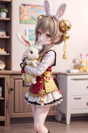 Yaoyao_Impact, full_body, blurry_background, loli, hug stuffed rabbit with 2 hands, outdoor, yellow rabbit, 1girl, solo_female, yaoyao style, brown hair, brown eyes, short hair, hair bell, stuffed bunny,