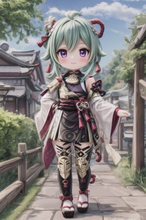 1girl, solo_female, purple eyes, green hair, Kuki Style, full body view, is located in Mondstadt, the City in Genshin Impact, cheeky and sweet, vision \(genshin impact\),