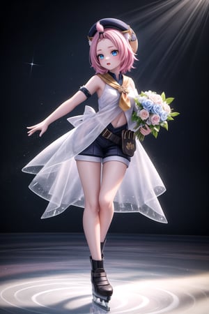Full-body shot of Dionadef, the 'Ice Princess', standing tall in a flowing white costume, her long limbs and slender physique accentuated by the bright lights illuminating the skating rink. Her arms are stretched out to the sides, one hand grasping an imaginary bouquet of flowers, while her icy blue eyes sparkle like diamonds under the gleaming ice. (masterpiece), best quality, HDR, 32k UHD, Ultra realistic, highres, highly detailed, ultra_hd, high resolution, ultra_detailed, hyper realistic, extemely detailed background, detailed_background, complex_background, depth_of_field, extremely detailed and complex, realistic, 