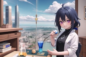 Vibrant pink and blue hues dominate the frame as Little Hotafodef and Little Clorinde, dressed in matching lab coats, pose like Pinky and the Brain. Pinky's (Hotafodef) goofy grin stretches across her face, while Brain's (Clorinde) eyes gleam with genius-level intensity. A cityscape background fades into the distance, with a giant globe and scientific instruments scattered about. The dynamic duo's paws grasp a miniature world map, as if plotting their next diabolical scheme.