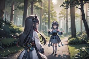 In this hauntingly beautiful scene, little Yunjindef and Niloudef, two 12-year-old girls, stand united in the dark epic forest, where the whispers of werewolves echo through the trees. The faint luminescence emanating from their hands casts an otherworldly glow on their determined faces. The somber moon hangs low, its long shadow stretching across the landscape as the girls hesitate at the threshold of adventure and danger. Treasure lies hidden amidst the lurking shadows, waiting to be uncovered by these brave young explorers.