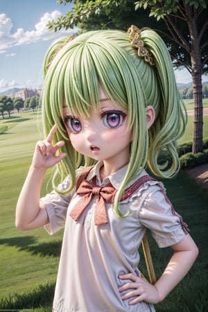 1girl, Collei_Impact, scenery, extreme adorable girl, cutie, tiny girl, purple eyes, green hair, hyper realistic, highres, photography, photorealistic scene, real life, insane detailed, in Spain, a very realistic summer day, (Collei, we are in Madrid now. Let's play golf together at the golf club.), extreme realistic facial expression on an very realistic moment, highly detailed, cutest Collei Style, wallpaper,