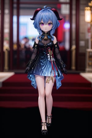 1girl, solo_female, full body view of Ganyu_Impact, horns, blue hair, bell, purple eyes, outdoors, show me your beautiful alternate costume, blurry_background, HDR, 32k UHD, insane detailed, bright blue dress, ahoge, detached sleeves, backside,