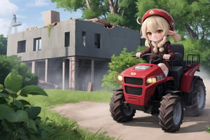 In a whimsical tableau, Klee, with a mischievous smile, takes the controls of an ultra-fast high-tech tractor amidst the lush foliage of Teyvat, its path marked by a trail of destruction. The low angle of the camera emphasizes the tractor's robust construction and Klee's petite stature. Soft, golden light illuminates the juxtaposition between the industrial behemoth and Klee's disheveled exterior, which brings out her scrappy spirit to the fullest.