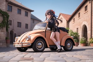 Red VW Beetle convertible glides effortlessly down Teynat's cobblestone streets, its vibrant hue drawing attention to the whimsical duo within. Hotaodef and Clorinde, dressed in their signature attire, share a playful laugh as they soak up the sun-kissed atmosphere. The wind whispers through their hair as they sit side by side, the open road stretching out before them like a canvas of endless possibility.