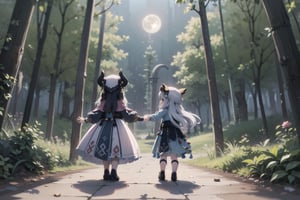 In this hauntingly beautiful scene, little Yunjindef and Niloudef, two 12-year-old girls, stand united in the dark epic forest, where the whispers of werewolves echo through the trees. The faint luminescence emanating from their hands casts an otherworldly glow on their determined faces. The somber moon hangs low, its long shadow stretching across the landscape as the girls hesitate at the threshold of adventure and danger. Treasure lies hidden amidst the lurking shadows, waiting to be uncovered by these brave young explorers.