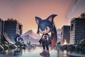 Against the backdrop of the beautiful island of Looney, little Monadef and Sonic the Hedgehog stand defiant, their dark silhouettes etched against a orange sky. Sonic the Hedgehog stands by her side, his blue spikes and red shoes a vivid splash against the dull gray stone. Every detail of their forms is rendered in stunning 32K UHD, as if they might step out of the frame at any moment. 