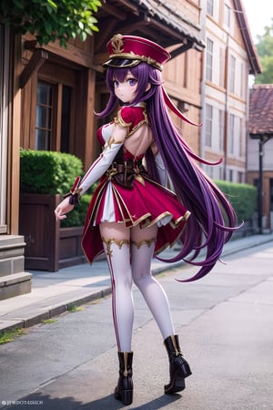 (full body view of Chevreuse_Impact), 1girl, solo_female, dynamic pose, 23 years old girl, outdoor, blurry_background, hat, show me your back, purple_hair, very long hair,