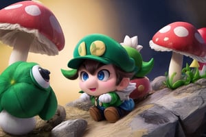 Wriothesley's Mario and Neuvillette's Luigi stand heroically back-to-back, (masterpiece), best quality, HDR, 32k UHD, Ultra realistic, highres, highly detailed, ultra_hd, high resolution, ultra_detailed, hyper realistic, extemely detailed background, detailed_background, complex_background, depth_of_field, extremely detailed and complex, outdoor, creating an atmosphere in (Mushroom Kingdom), creating an atmosphere at (Mushroom Kingdom), show me yourself with your friends (Daisy), (Yoshi), (Toad), (Princess Peach),