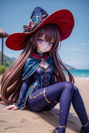 Mona_Impact, full_body, beautiful 25 years old girl, blurry_background, witch hat, sitting on beach