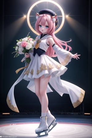 Full-body shot of Dionadef, the 'Ice Princess', standing tall in a flowing white costume, her long limbs and slender physique accentuated by the bright lights illuminating the skating rink. Her arms are stretched out to the sides, one hand grasping an imaginary bouquet of flowers, while her eyes sparkle like diamonds under the gleaming ice. (masterpiece), best quality, HDR, 32k UHD, Ultra realistic, highres, highly detailed, ultra_hd, high resolution, ultra_detailed, hyper realistic, extemely detailed background, detailed_background, complex_background, depth_of_field, extremely detailed and complex,