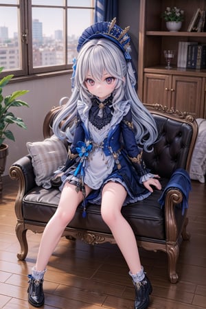 (full body view of Furina_Impact), indoors, sitting on couch,