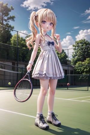 1girl, Barbara_Impact, scenery, extreme adorable girl, cutie, tiny girl, hyper realistic, highres, photography, photorealistic scene, real life, realism pushed to extreme, in France, a very realistic summer morning, (Barbara, we are in Paris now. Let's play a bit tennis on the tennis court. Try to hit the ball correctly with the tennis racket!), extreme realistic facial expression on an very realistic moment, highly detailed, cutest Barbara Style, 