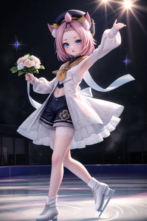 Full-body shot of Dionadef, the 'Ice Princess', standing tall in a flowing white costume, her long limbs and slender physique accentuated by the bright lights illuminating the skating rink. Her arms are stretched out to the sides, one hand grasping an imaginary bouquet of flowers, while her icy blue eyes sparkle like diamonds under the gleaming ice. (masterpiece), best quality, HDR, 32k UHD, Ultra realistic, highres, highly detailed, ultra_hd, high resolution, ultra_detailed, hyper realistic, extemely detailed background, detailed_background, complex_background, depth_of_field, extremely detailed and complex, realistic, 