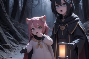 In a desolate winter forest at midnight's darkest hour, two children, Little Dionadef and Little Monadef, flee frantically side by side, their entire bodies captured in a single, ominous shot. The bleak, black sky above is shrouded in ravens and vampires, while the Grim Reaper looms at the periphery, observing with an air of foreboding. A heavy atmosphere of secrets, ghosts, and hidden dangers hangs thickly around them. Little Dionadef's trembling hand covers their face in terror, tears streaming down their cheeks as they cry openly, their eyes fixed on some unseen horror ((hand on own face)), ((scared)), ((crying with eyes open)).