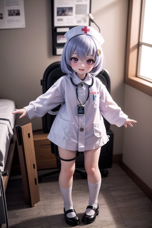 (masterpiece), best quality, HDR, 32k UHD, Ultra realistic, highres, highly detailed, ultra_hd, high resolution, ultra_detailed, hyper realistic, extemely detailed background, detailed_background, complex_background, depth_of_field, extremely detailed and complex, child size, (12 years old), little Nurse Qiqidef (full body view of lora:qiqi:1) in her white hospital uniform and nurse cap, nurse, nurse cap, hat, sleeves, long dress, hair between eyes, stands in a dynamic pose in a operation room, hospital room, happy_face, tantei1_nurse, complete hospital equipment in the background, realism pushed to extreme, fine texture, petite, very cute, naughty, adorable girl, creating an atmosphere in a operation hospital room, 