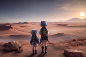 Little Keqingdef and little Xianglingdef stand back-to-back on the crimson Martian terrain, their silhouettes bold against a breathtaking HDR sunset. The rusty red landscape stretches out in 32k UHD clarity, with rocks and dust devils rendered in hyper-realistic detail. Against the vibrant sky, their figures are set ablaze by the warm glow of the setting sun. R2D2 rolls beside them, as the Mars Rover and alien sit majestically on the barren landscape, surrounded by an otherworldly beauty.