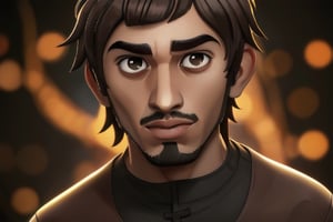 (looking at viewer), young adult Saudi man, (dark brown eyes), (buzzcut hairstyle), (dark brown hair color), | centered, award-winning face portrait, solo, man, | character concept, digital art, masterpiece, | bokeh, depth of field, |   ,powder from arcane
