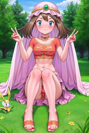 maybd, 1girl, solo, smile, blue eyes, brown hair, navel, sitting and holding knees, closed mouth, blushing, open eyes, alternate costume, midriff, outdoors, grass, crop top, completely barefoot, veil, arabian clothes, full body, may (pokemon), gem, long skirt, red fingernails, in love with viewer, affectionate, feet swaying, 5 toes on each foot, foot fetish, feet dancing