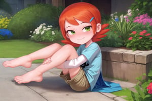 Gwen, looking at camera, 1girl, solo, smile, joyful, normal outfit, in love with viewer, full body, affectionate, green eyes, sitting holding tops of knees, closed mouth, blushing, winking eyes, outdoors, garden, blue low-cut ballet flats, 5 toes on both feet, full body, blue fingernails, in love with viewer, very affectionate, feet and legs touching each other, 2 legs, 2 feet, feet on floor, foot fetish, toes spreading, 5 fingers on each hand, feet and legs close together,gwen,long sleeves, blue shirt, brown shorts, toe movement, sexy foot movement