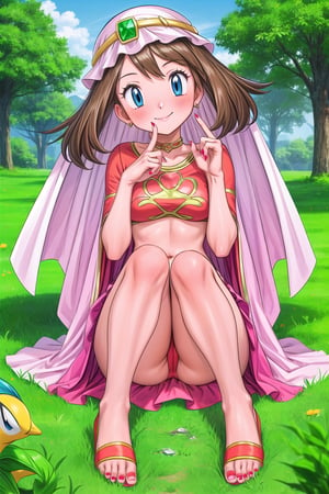 maybd, 1girl, solo, smile, blue eyes, brown hair, navel, sitting and holding knees, closed mouth, blushing, open eyes, alternate costume, midriff, outdoors, grass, crop top, bare feet, veil, arabian clothes, full body, may (pokemon), gem, long skirt, red fingernails, in love with viewer, affectionate, feet swaying, slight head tilt, 5 toes on each foot, toes wiggling, foot fetish