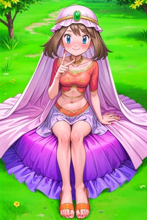 maybd, 1girl, solo, smile, blue eyes, brown hair, navel, sitting and holding knees, closed mouth, blushing, open eyes, alternate costume, midriff, outdoors, grass, crop top, completely barefoot, veil, arabian clothes, full body, may (pokemon), gem, long skirt, red fingernails, in love with viewer, affectionate, feet swaying, 5 toes on each foot, toes wiggling, foot fetish