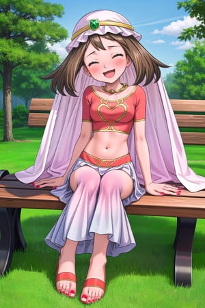 maybd, 1girl, solo, smile, joyful, playful, blue eyes, brown hair, navel, sitting on bench, open mouth, blushing, closed eyes, alternate costume, midriff, outdoors, grass, crop top, bare_feet, veil, arabian clothes, full body, may (pokemon), gem, long skirt, red fingernails, in love with viewer, slight head tilt, affectionate, feet swaying, 5 toes on each foot, foot fetish, toes spreading outward