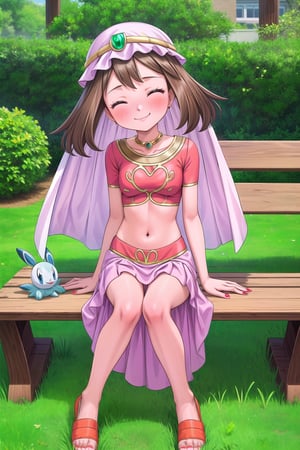 maybd, 1girl, solo, smile, blue eyes, brown hair, navel, sitting on bench, closed mouth, blushing, closed eyes, alternate costume, midriff, outdoors, grass, crop top, barefoot, veil, arabian clothes, full body, may (pokemon), gem, long skirt, red fingernails, in love with viewer, affectionate, feet swaying, slight head tilt, 5 toes on each foot, toes wiggling