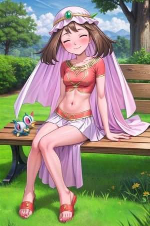 maybd, 1girl, solo, smile, blue eyes, brown hair, navel, sitting on bench, closed mouth, blushing, closed eyes, alternate costume, midriff, outdoors, grass, crop top, barefoot, veil, arabian clothes, full body, may (pokemon), gem, long skirt, red fingernails, in love with viewer, affectionate, feet swaying, slight head tilt, 5 toes on each foot, toes wiggling